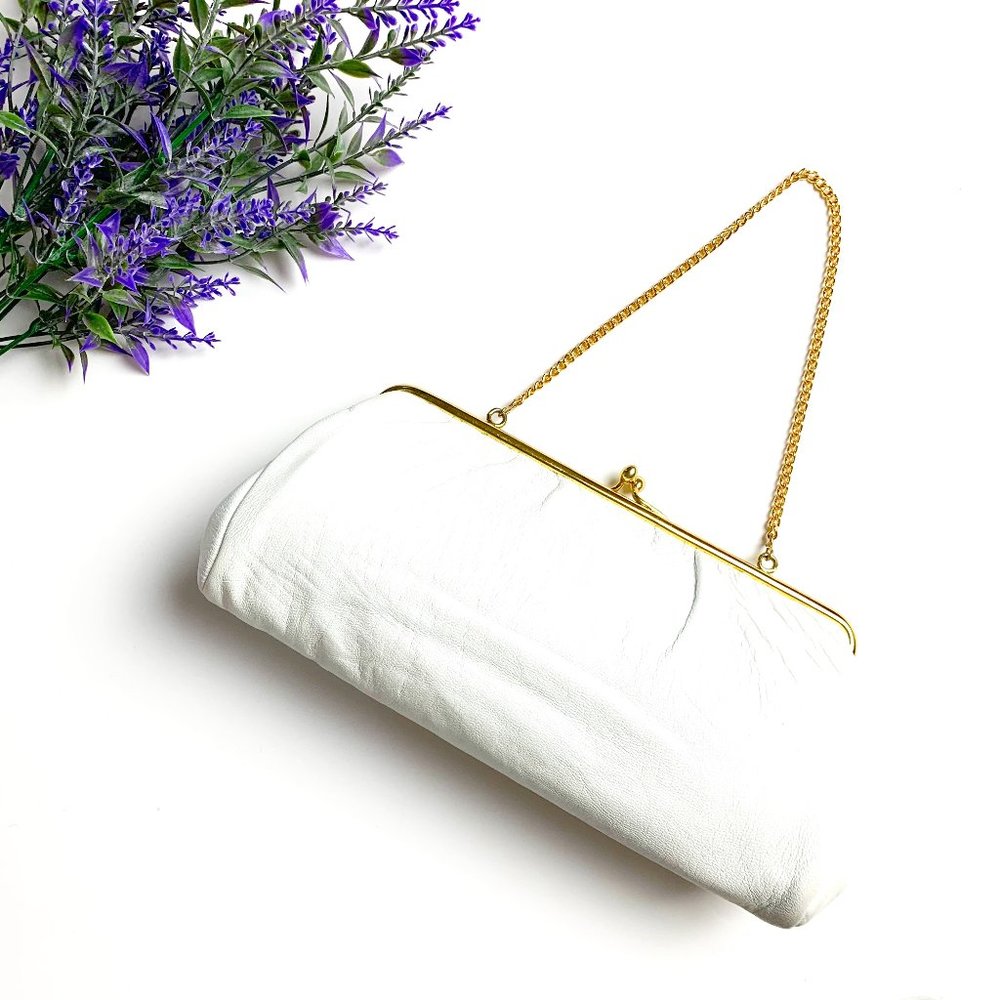 Vintage Ronay White Leather Gold Chain Hand Bag